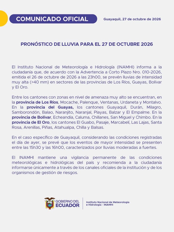 Inamhi advierte lluvias intensas en Guayaquil para este martes 27