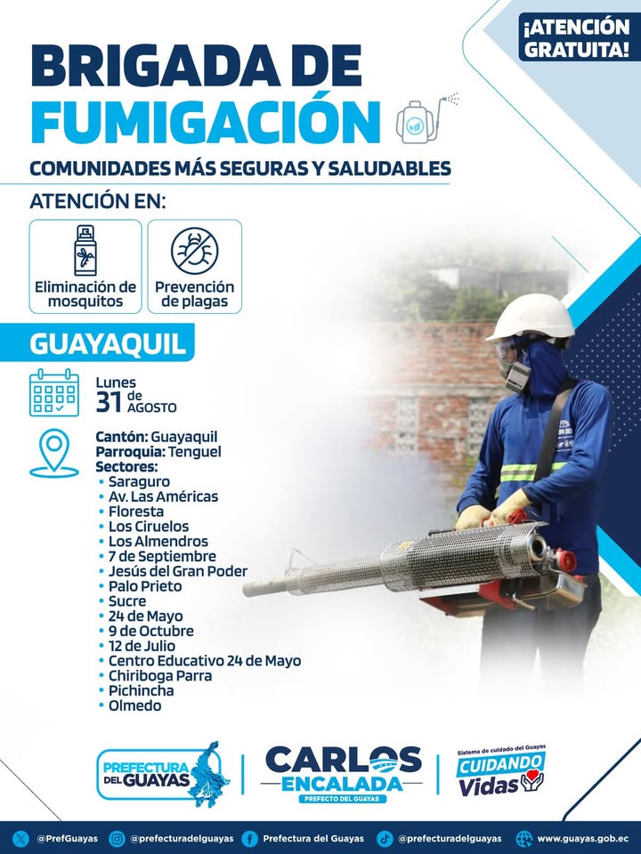 Prefectura del Guayas fumigará Tenguel el lunes 31 para prevenir dengue