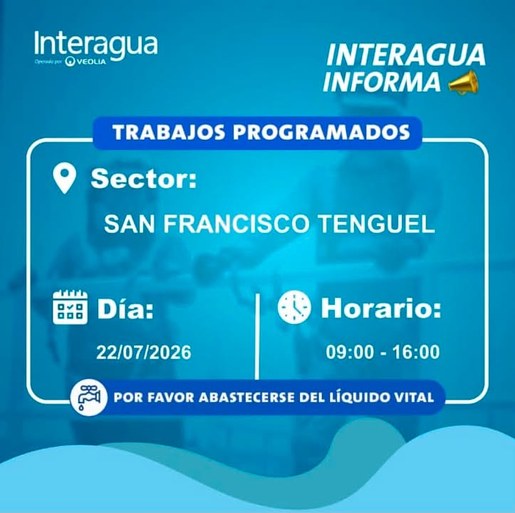 Corte programado de agua potable en San Francisco de Tenguel mañana 22 de julio