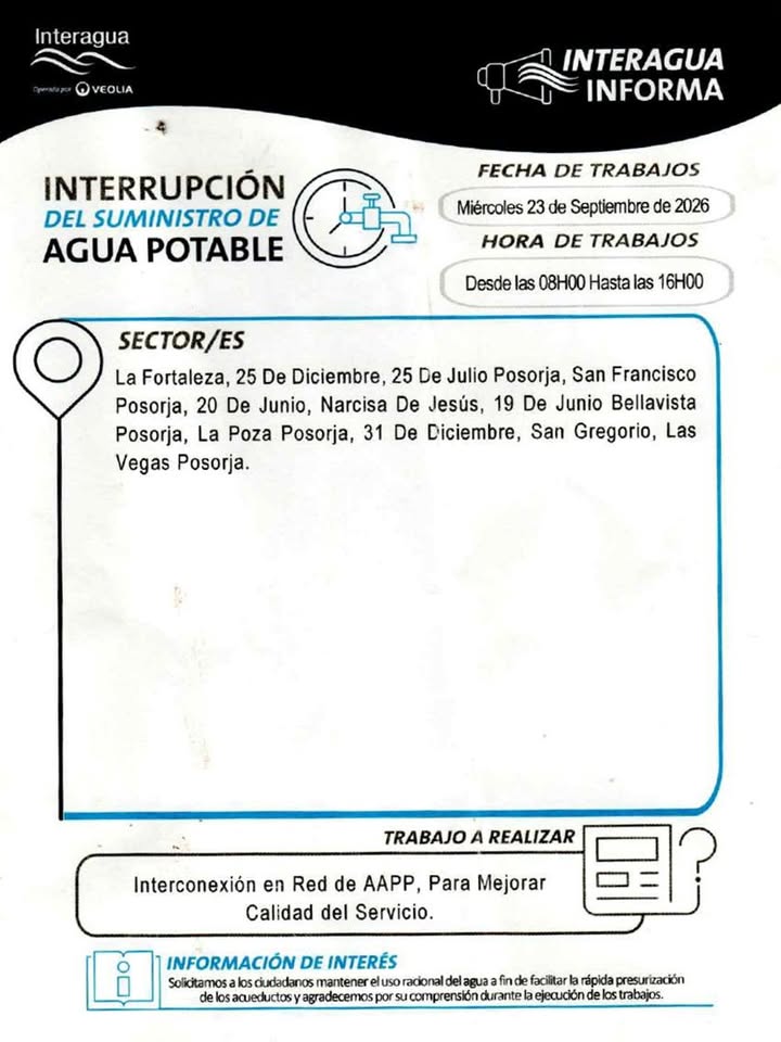 Suspensión programada del agua en Posorja este miércoles 23 por obras de Interagua