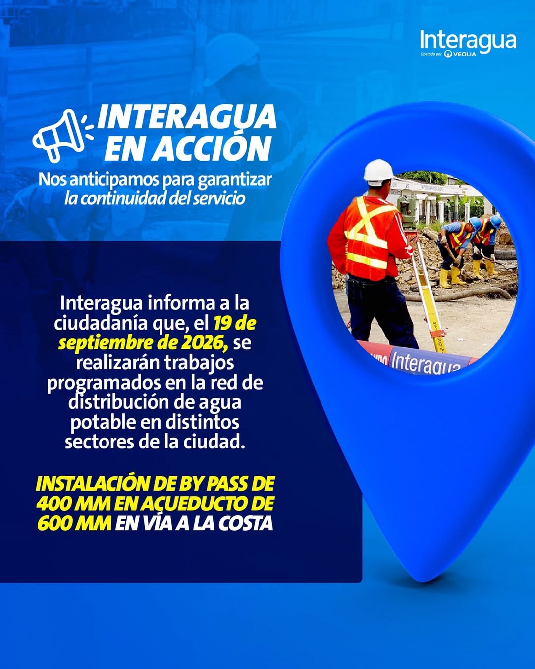 Cortes programados de agua en Vía a la Costa este sábado 19 por obras de Interagua