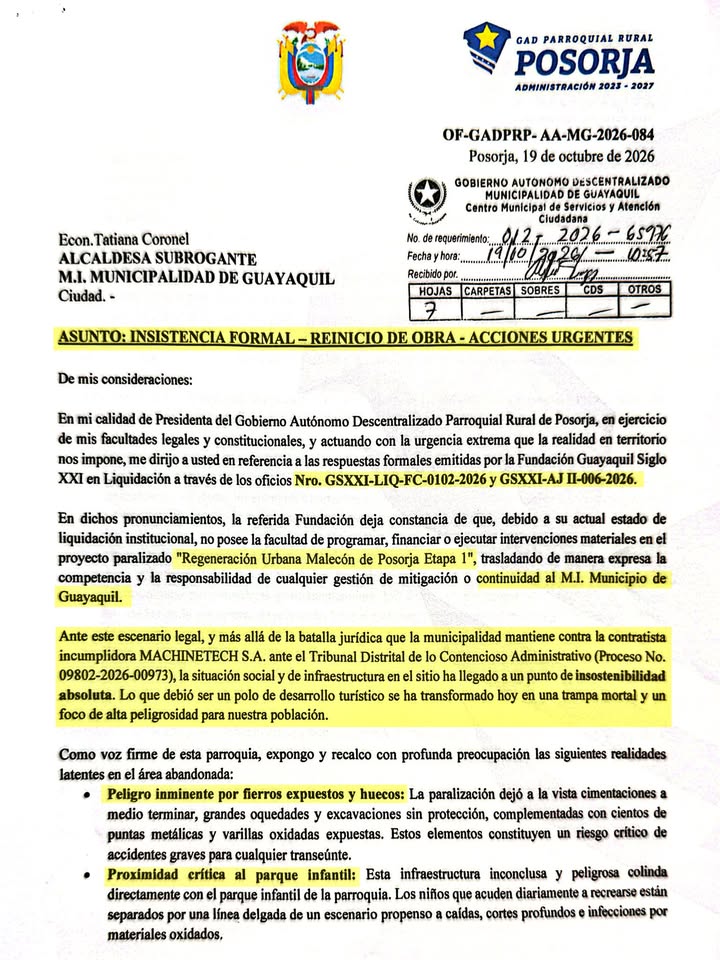 Posorja exige a la Alcaldía de Guayaquil seguridad inmediata en el Malecón paralizado