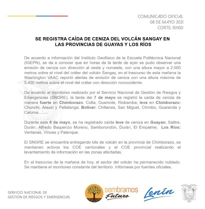 Secretaría de Gestión de Riesgos distribuye kits ante caída de ceniza volcánica en Guayas