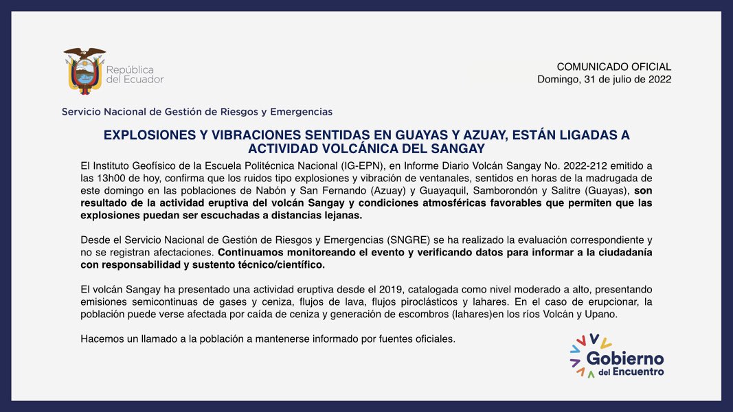 Riesgos confirma que vibraciones en Guayaquil se deben a actividad volcánica